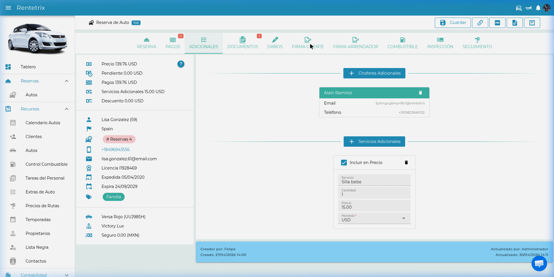 Tab Adicionales - Choferes y servicios extra