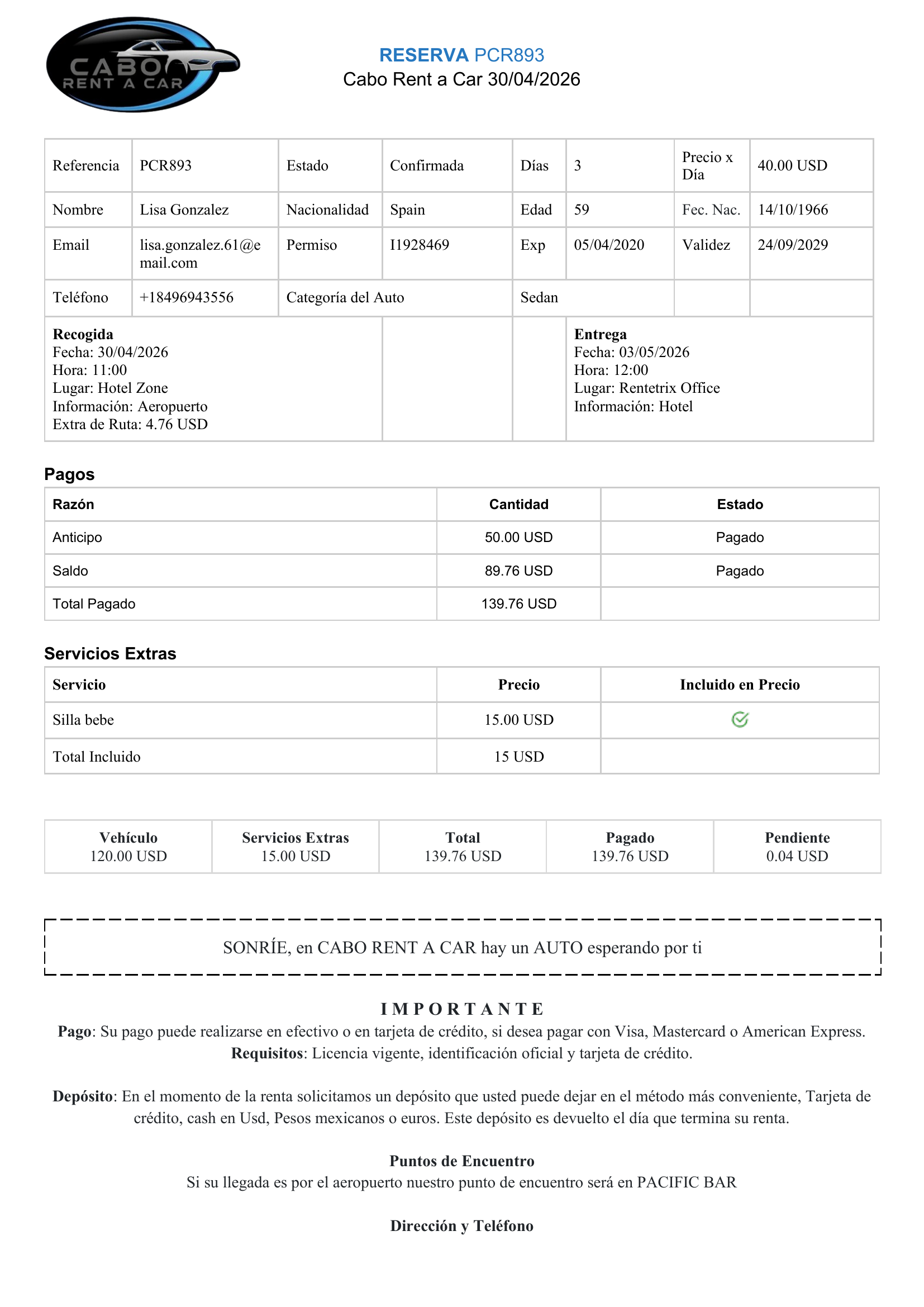 PDF de Reserva generado automáticamente