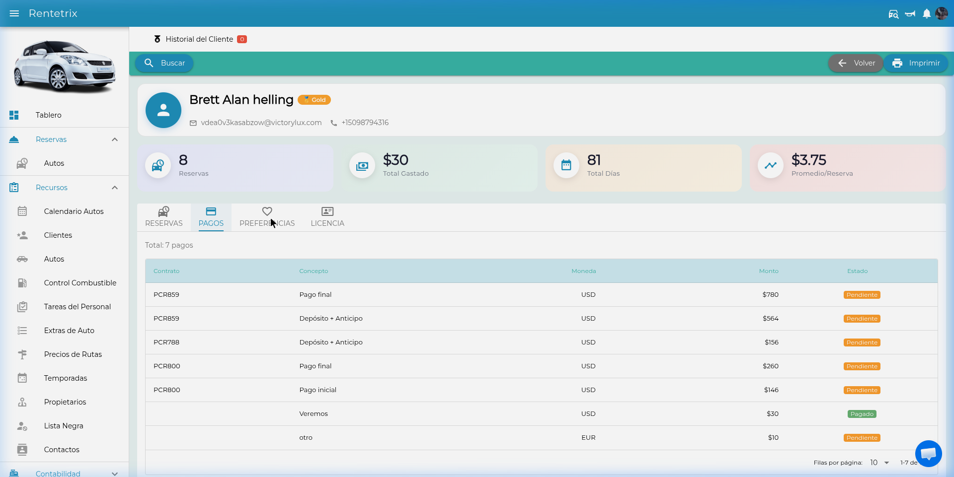 Tab de pagos del cliente con tabla de transacciones