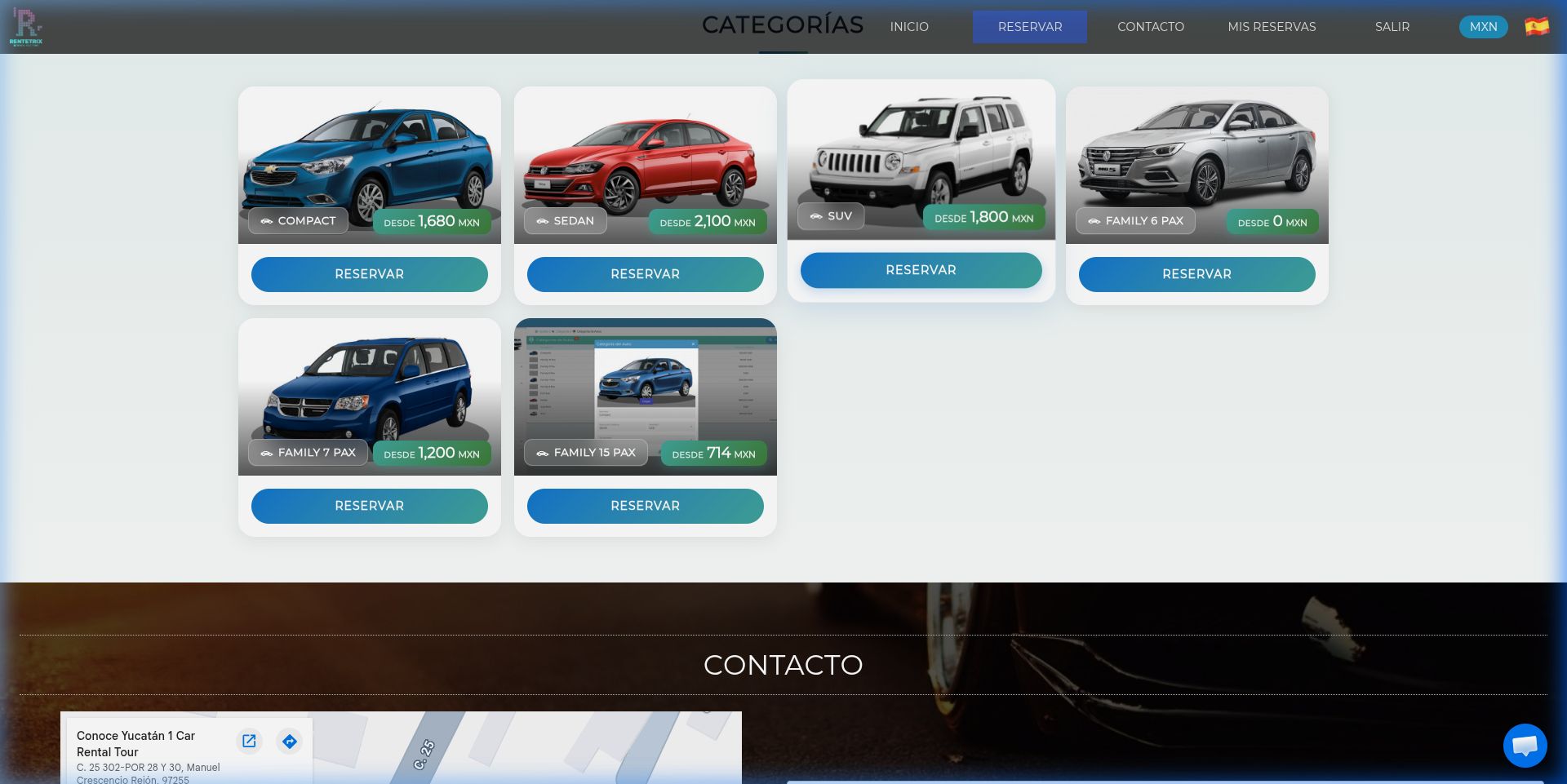 Grid de categorías de vehículos con precios y botón Reservar