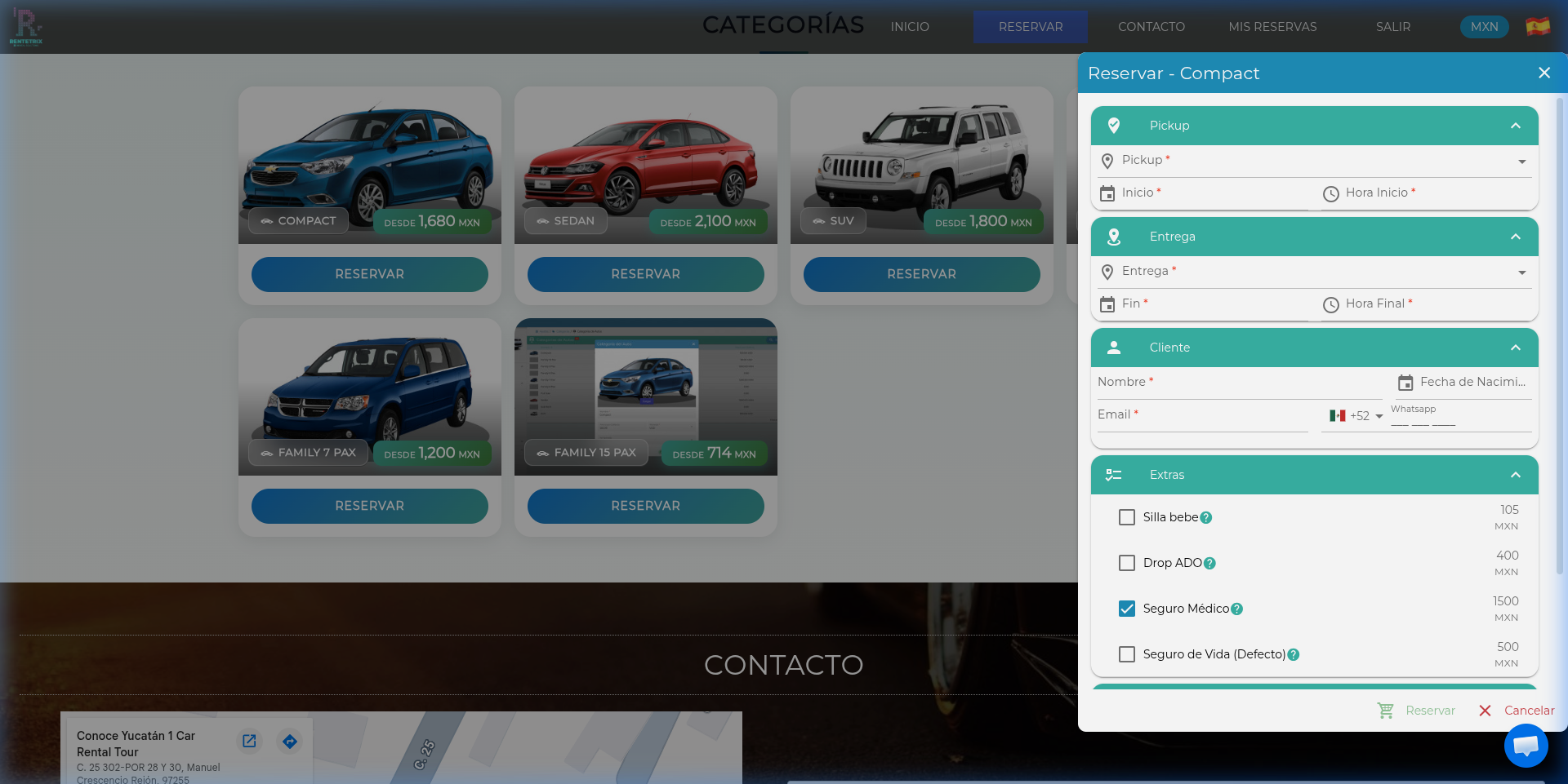Formulario expandido con datos del cliente, extras y seguros