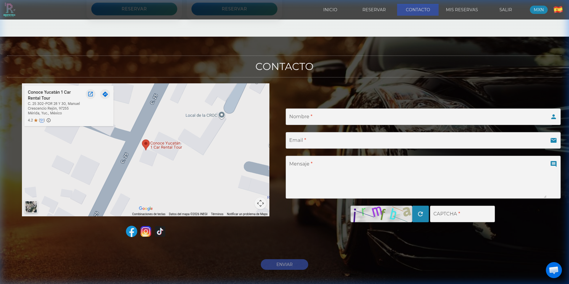 Sección de contacto con mapa de Google, redes sociales y formulario